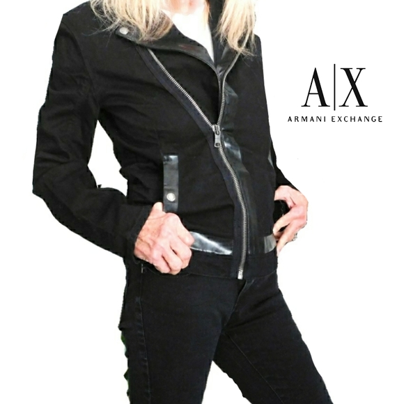 VTG ARMANI EXCHANGE WMNS BLK LTHR TRIM MOTO JACKET - Picture 2 of 7